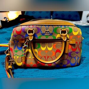 Rainbow and brown coach purse